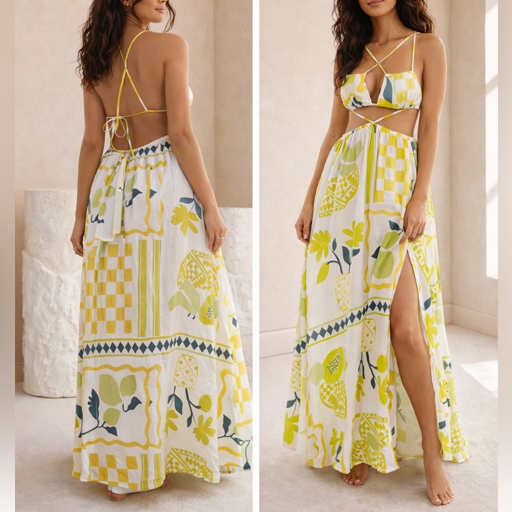 SABO Backless Vita Prego Verde Green Print Maxi Summer Beach Resortwear - Size 8